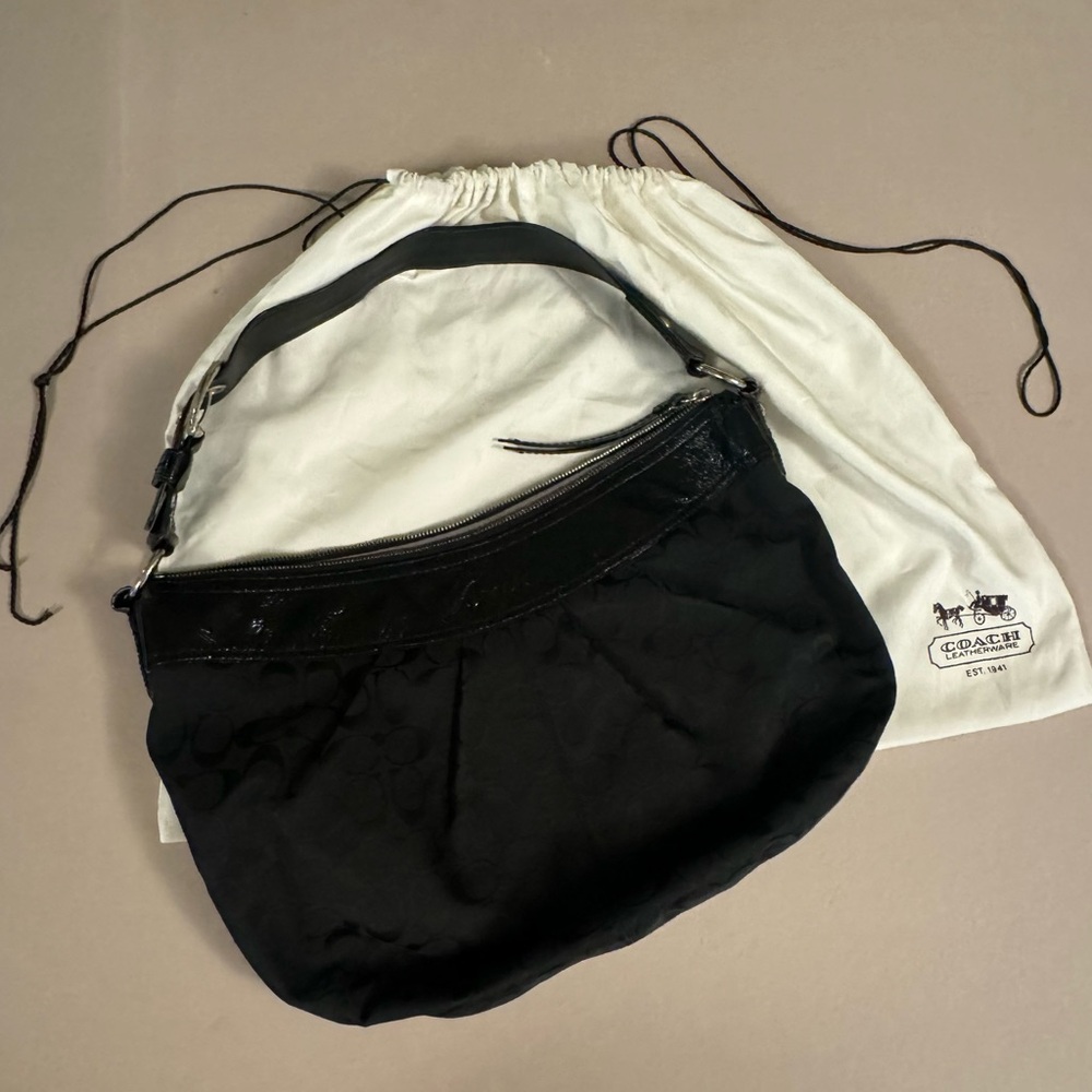 Coach Soho Pleated Black Canvas Shoulder Bag w/ Patent Leather Trim